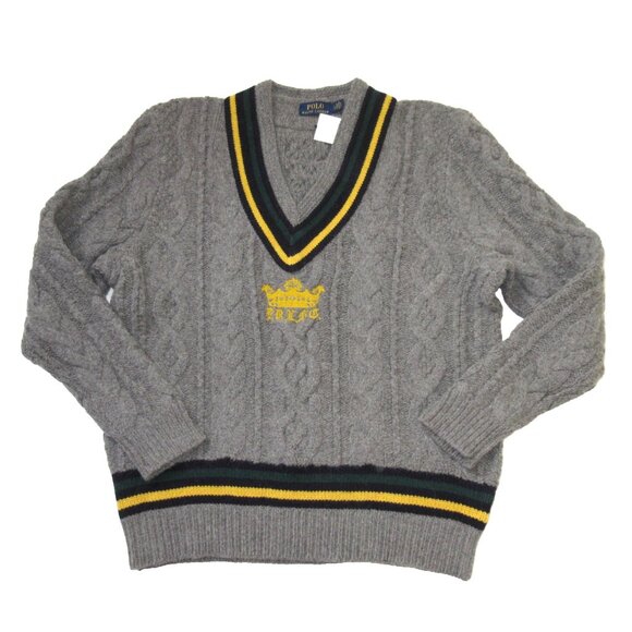 NWT Polo Ralph Lauren Embroidered Crown Cable Knit Cricket Sweater in Gray L - Picture 2 of 8